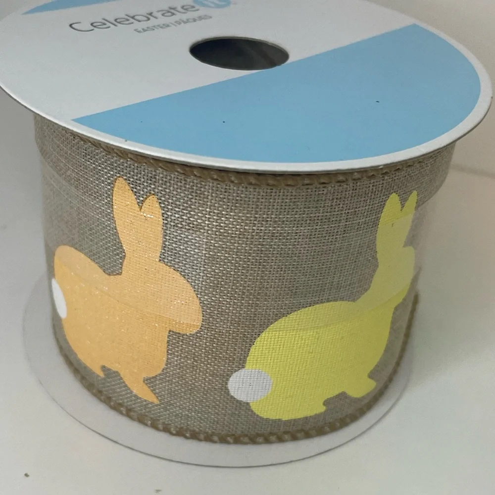 Burlap Ribbon with Colorful Bunny Design, Easter ribbon (Baby Shower) 2.5”x20ft